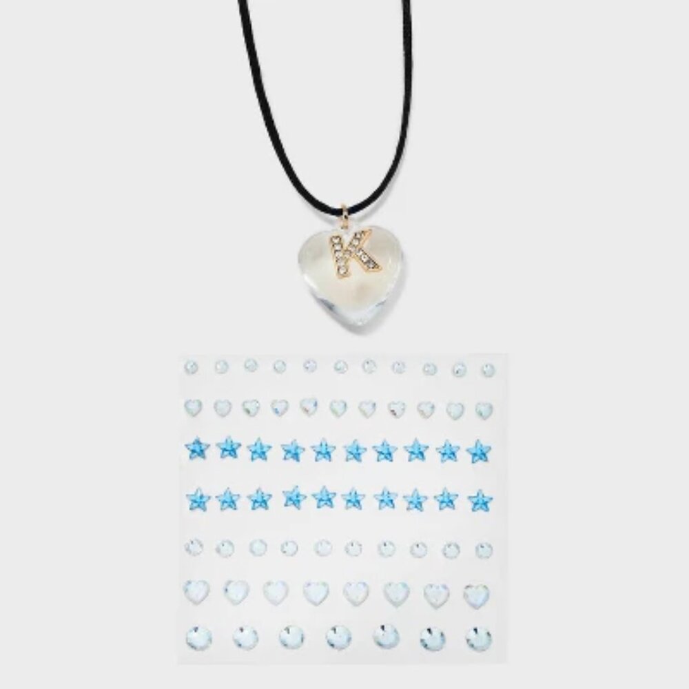 NEW Acrylic Heart "K" with Face Gems Pendant Necklace - Wild Fable™ Clear/Black